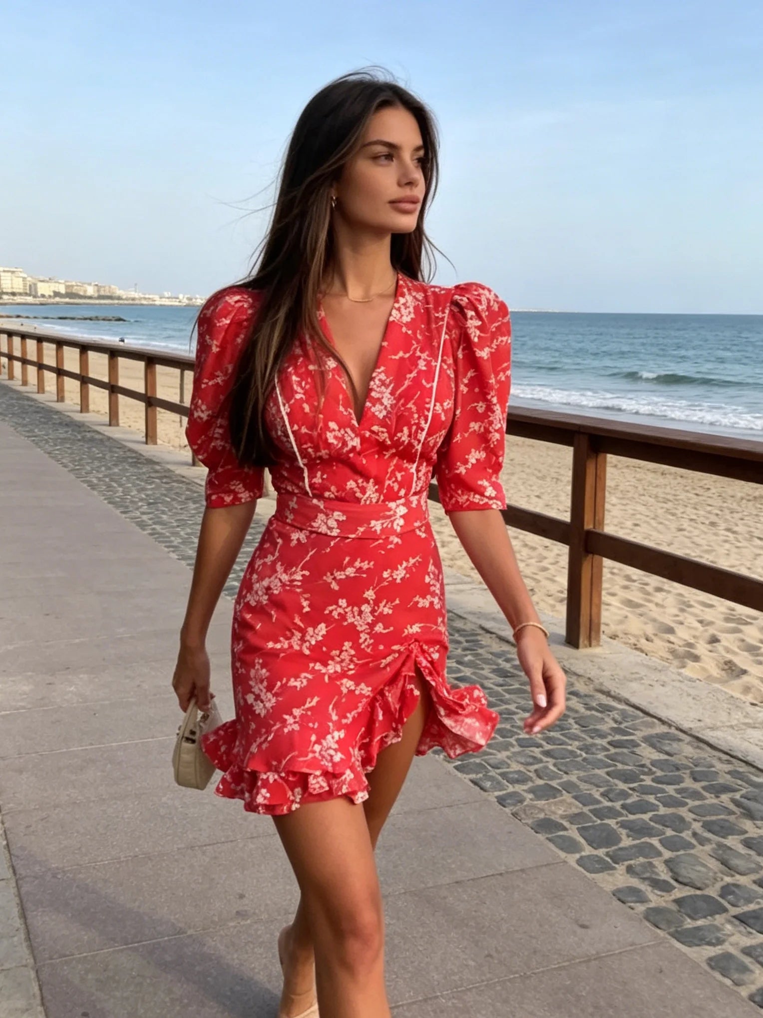 Women's red floral mini dress, perfect for beach outings