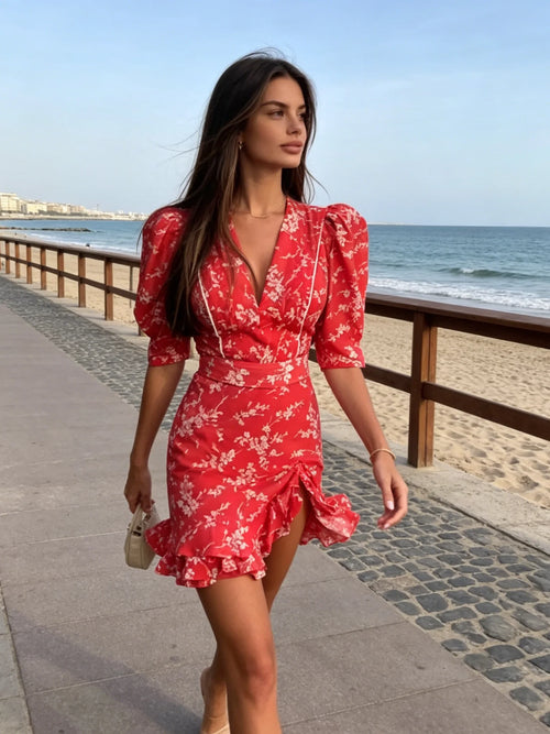 Women's red floral mini dress, perfect for beach outings