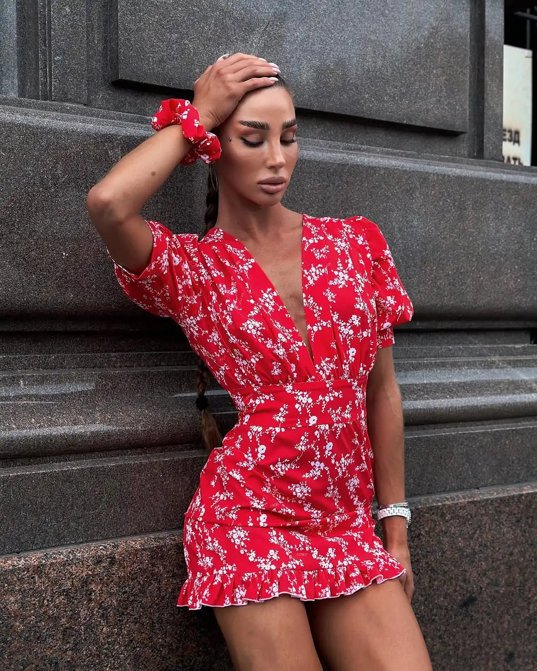 Women's red floral mini dress, perfect for summer outings