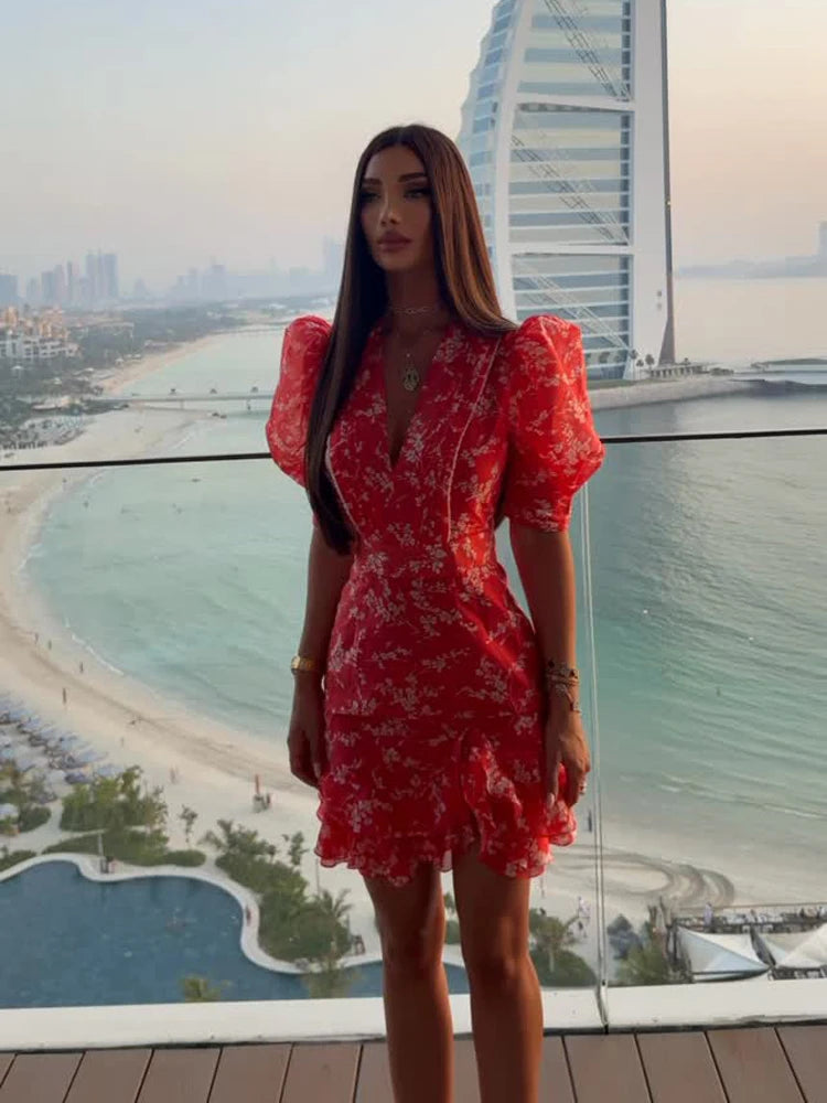 Red floral mini dress with puff sleeves for summer outings