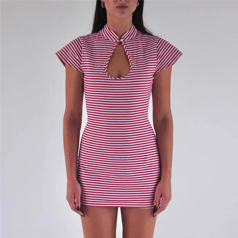Women's striped mini dress with keyhole detail, perfect for summer outings