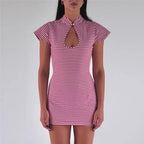 Women's striped mini dress with keyhole detail, perfect for summer outings
