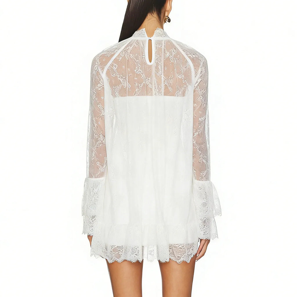White lace mini dress, sheer, perfect for beach cover-up