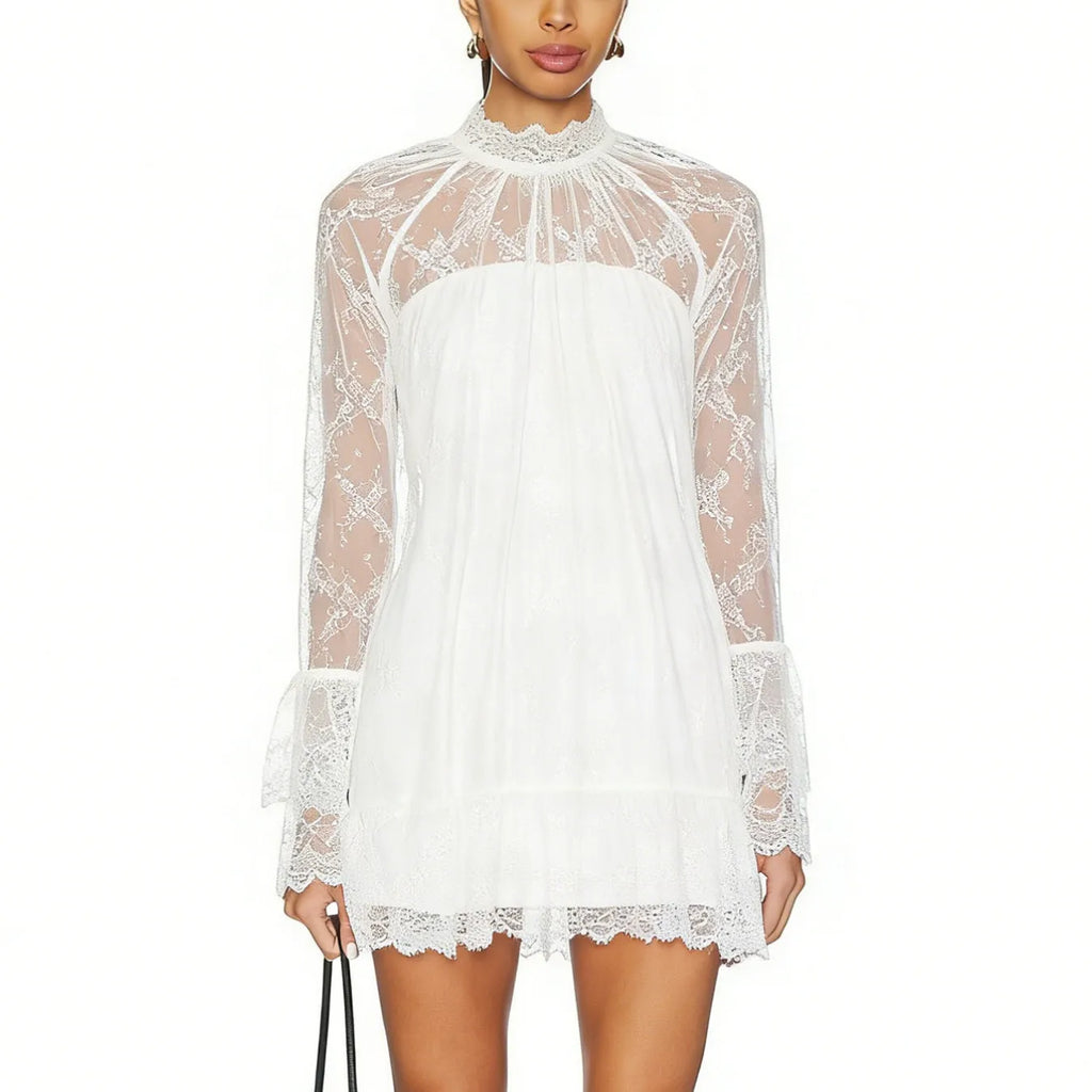 Women's white mini dress with lace sleeves, perfect for summer outings