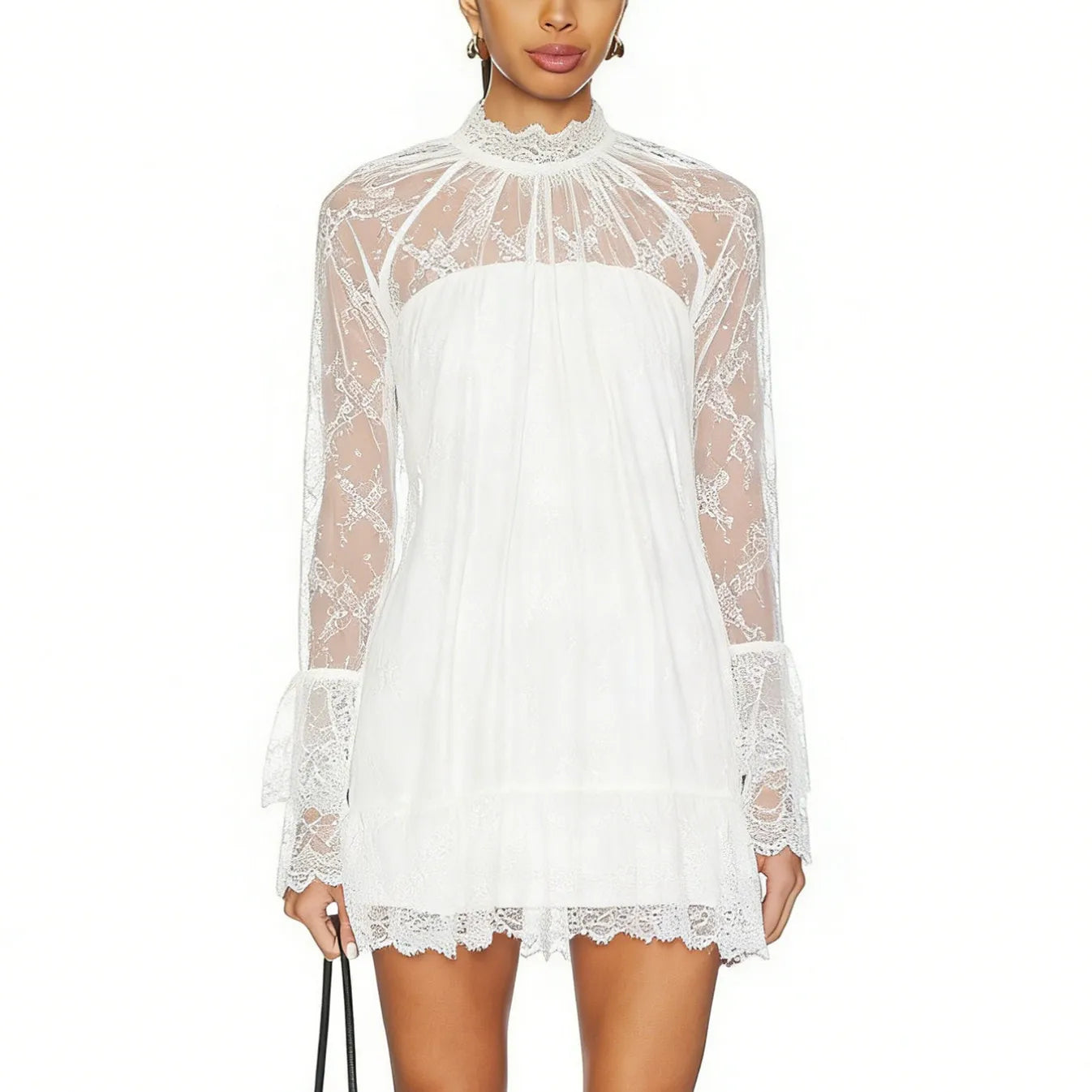 Women's white mini dress with lace sleeves, perfect for summer outings