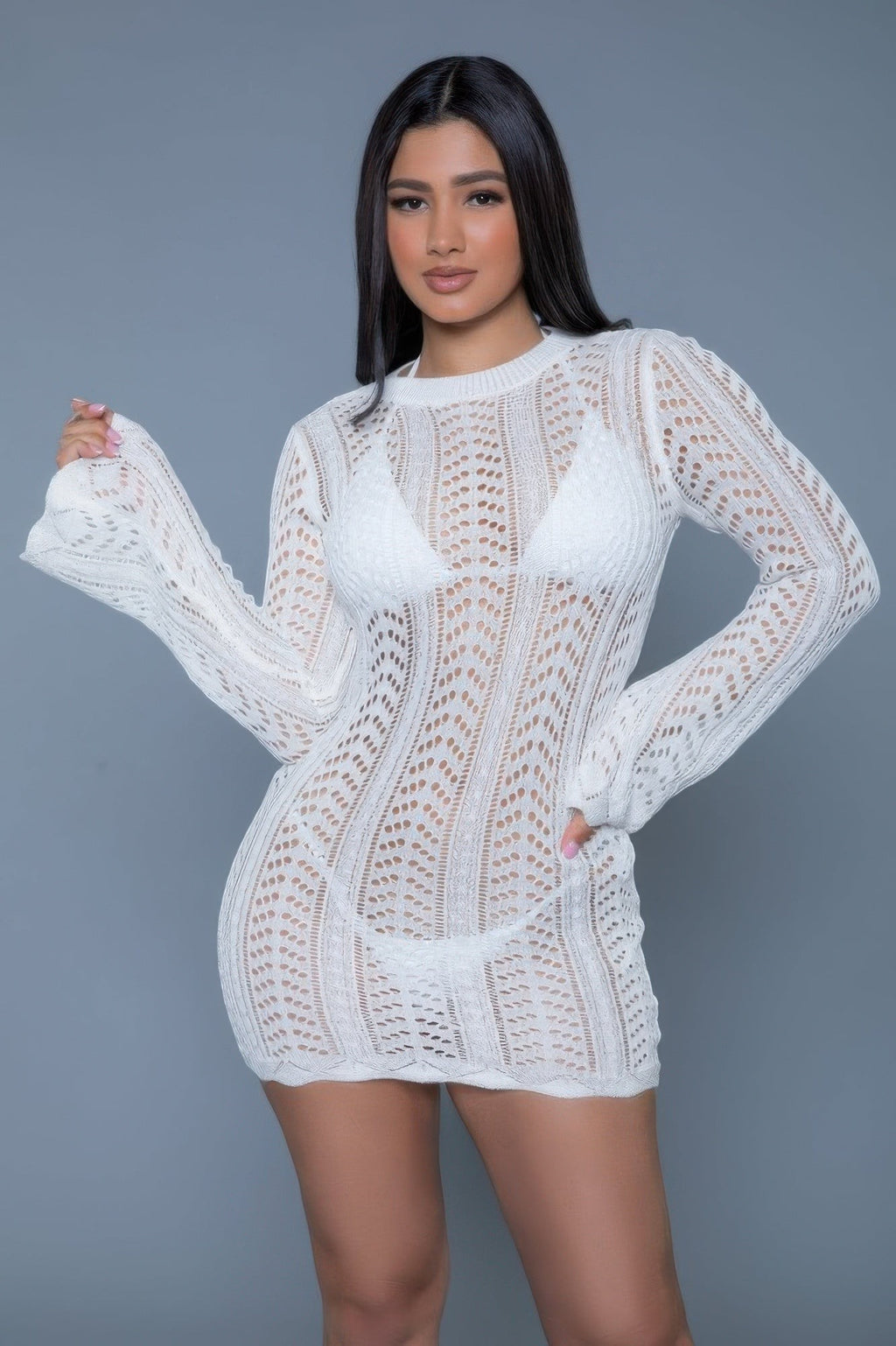 Women's white mini dress, knit material, perfect for beach cover-up