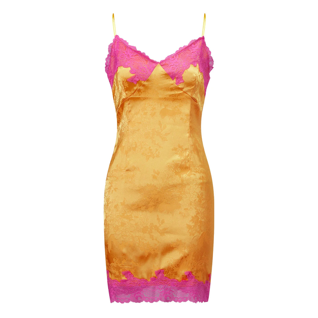 Women's mini dress in satin gold with pink lace accents, perfect for parties