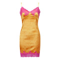 Women's mini dress in satin gold with pink lace accents, perfect for parties