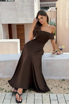 Women's brown off the shoulder dress, perfect for summer events