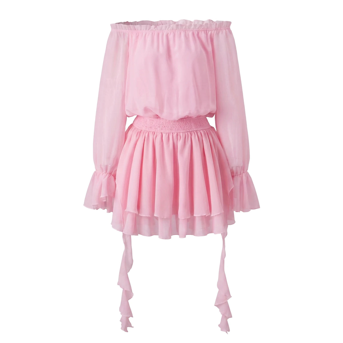 Pink chiffon dress off the shoulder, perfect for summer outings