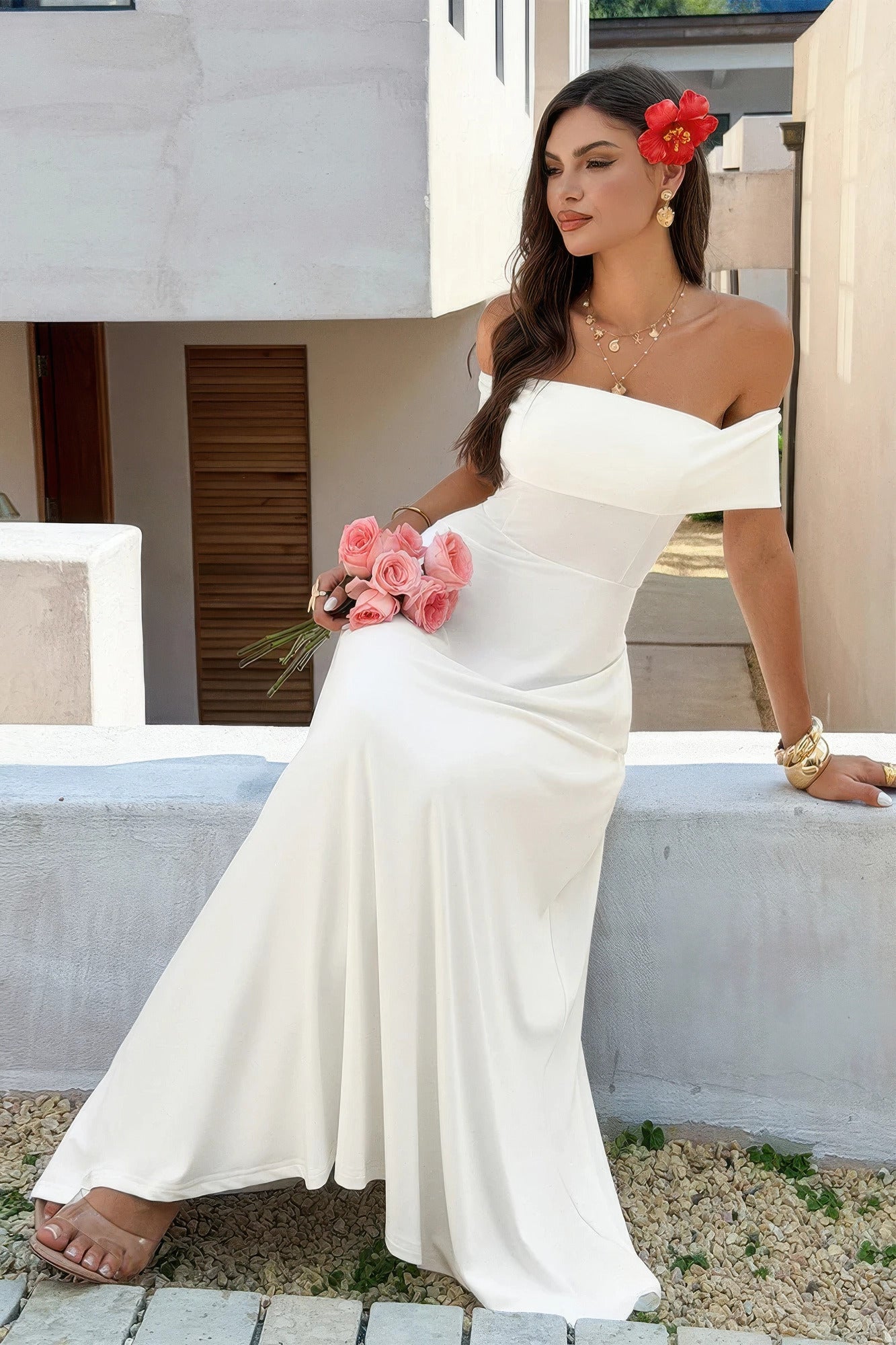 Women's white off the shoulder dress, perfect for summer occasions