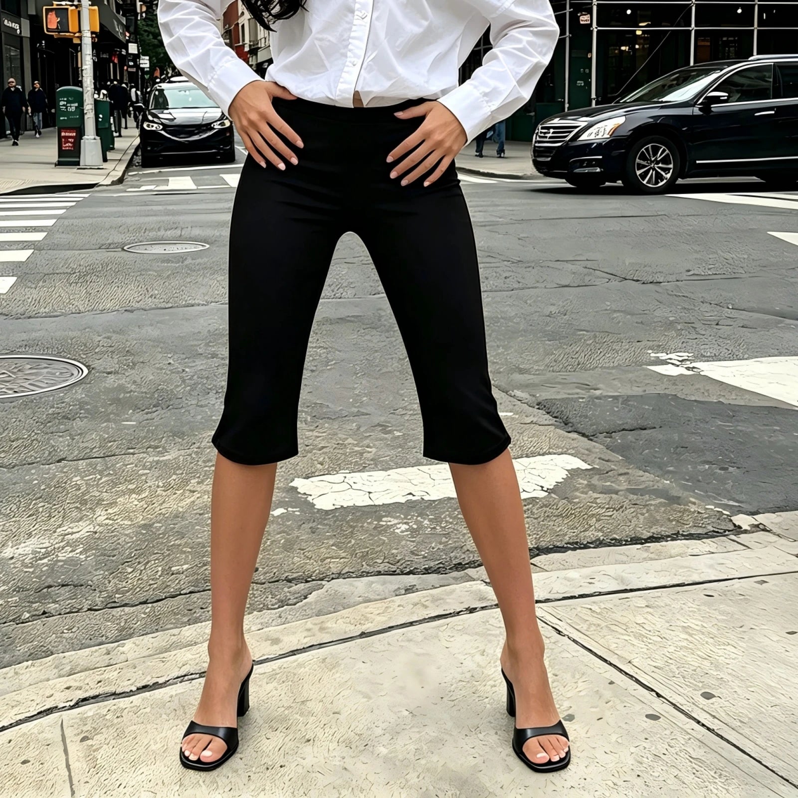 Black capri pants for women, casual street style outfit