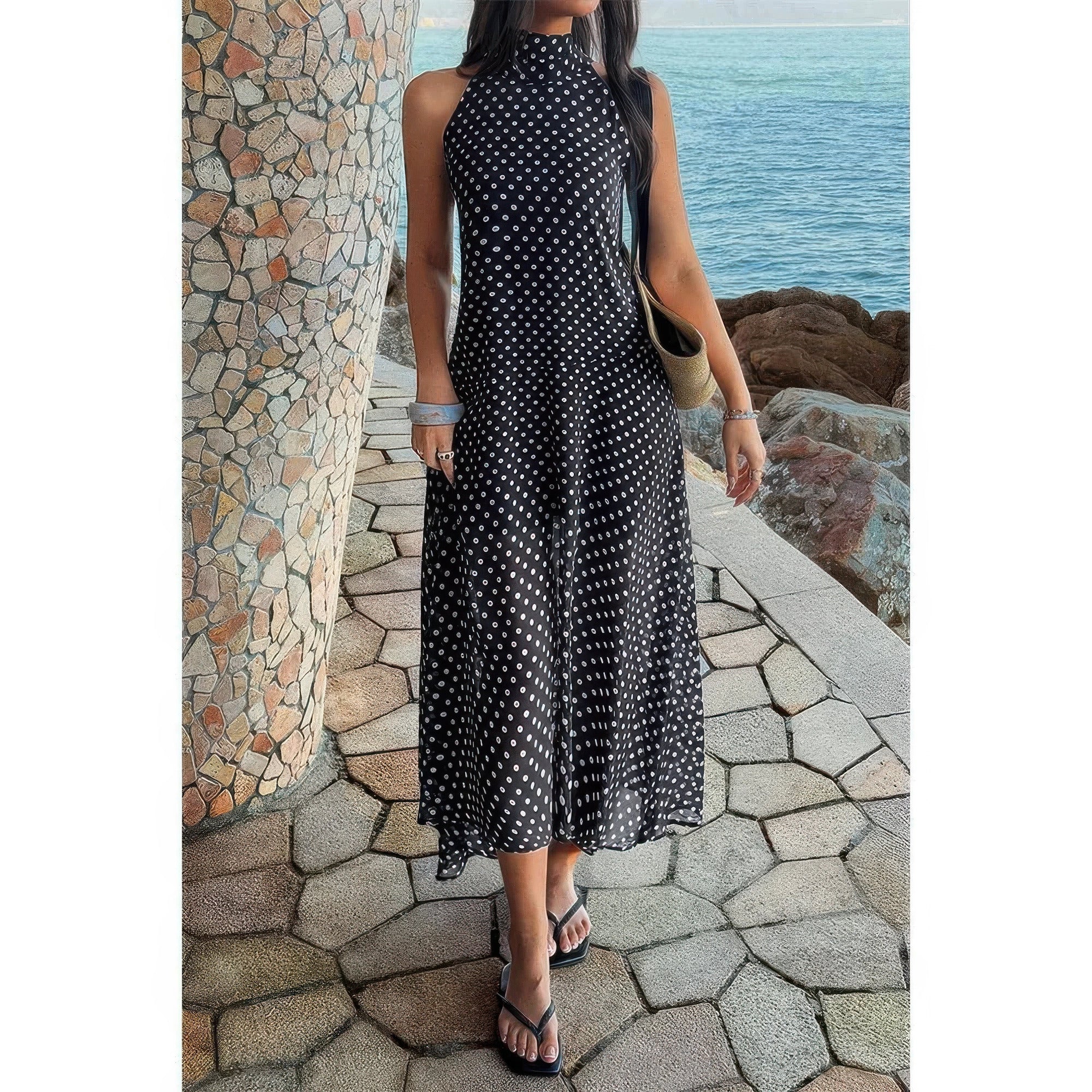 Women's black dress polka dot, lightweight fabric, perfect for summer outings