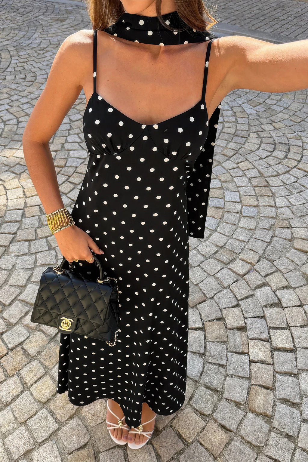 Women's black polka dot dress, lightweight fabric, perfect for summer outings