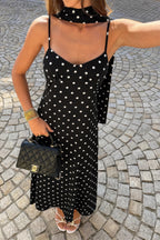 Women's black polka dot dress, lightweight fabric, perfect for summer outings