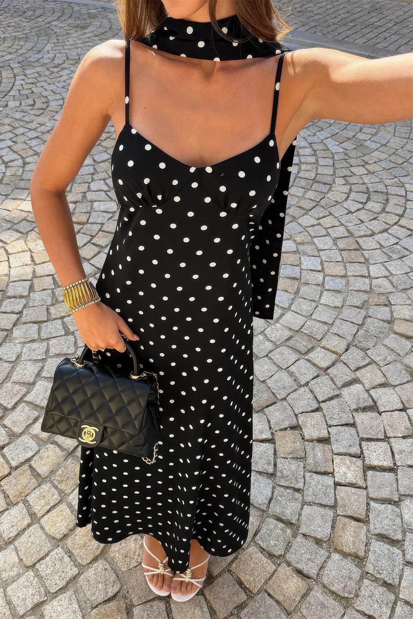 Women's black polka dot dress, lightweight fabric, perfect for summer outings
