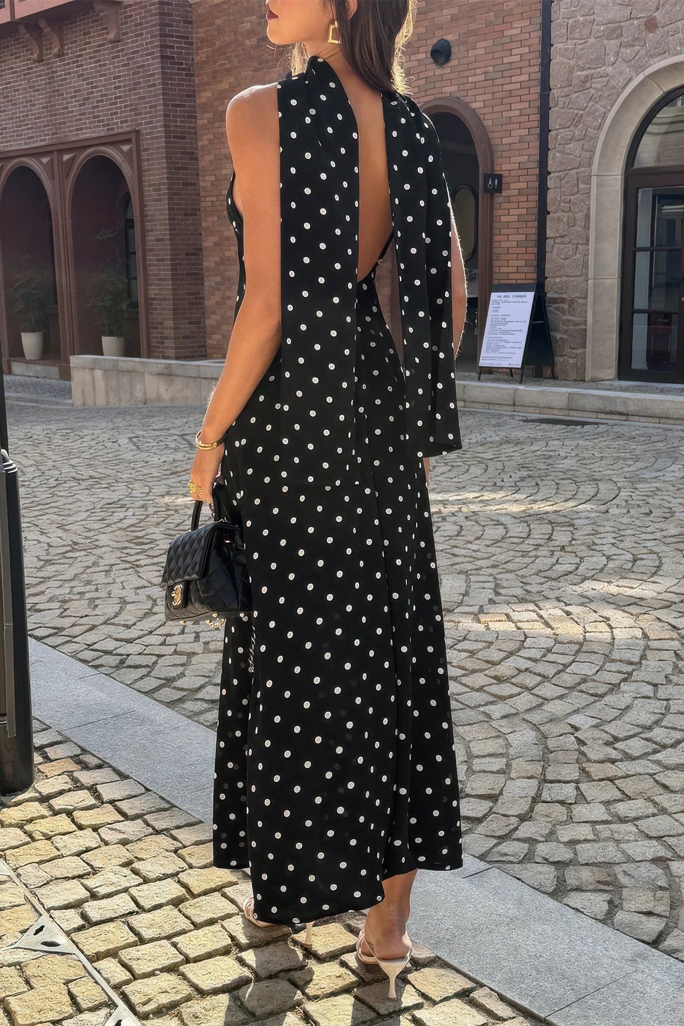 Women's black polka dot dress, stylish for summer outings