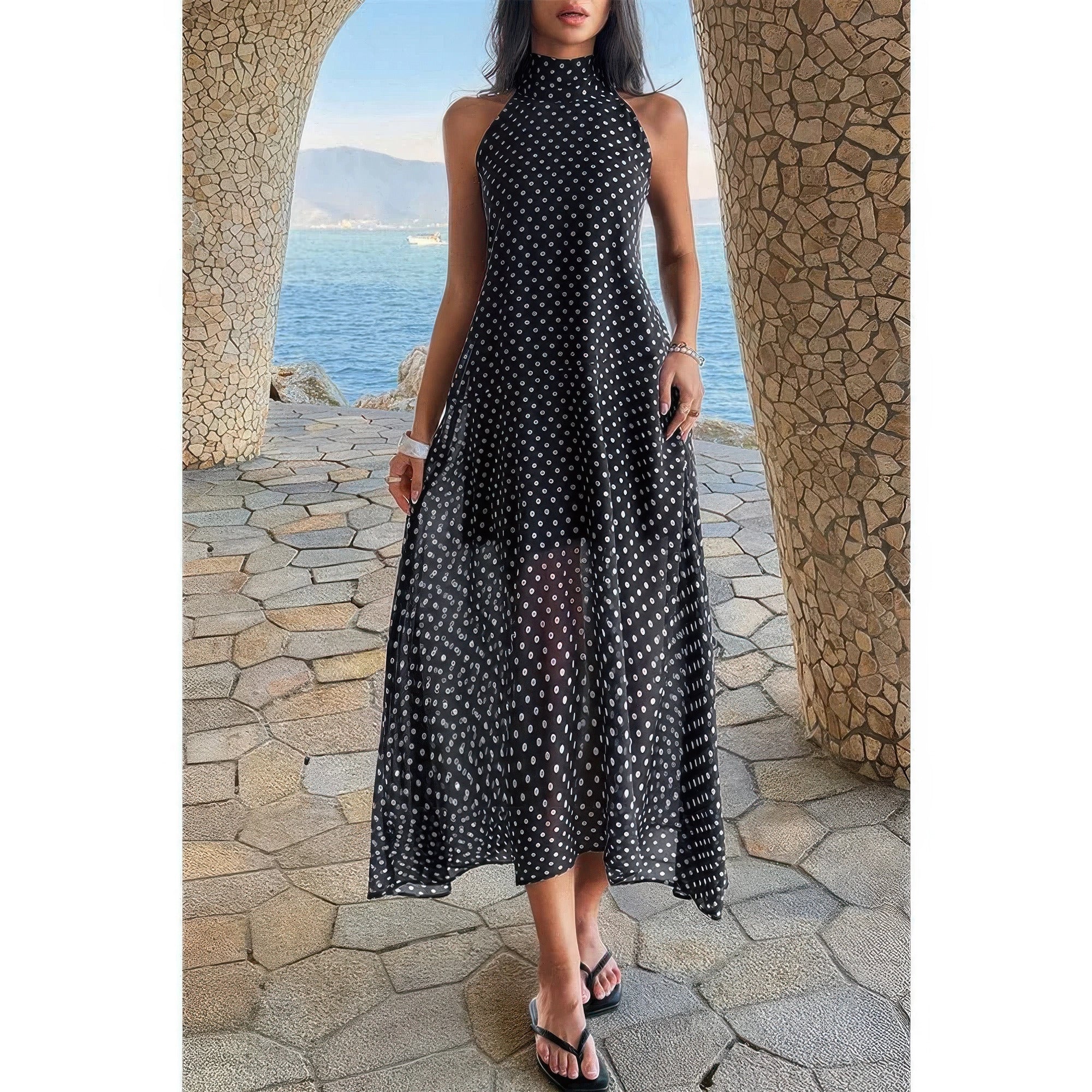 Women's black polka dot dress, lightweight, perfect for summer outings