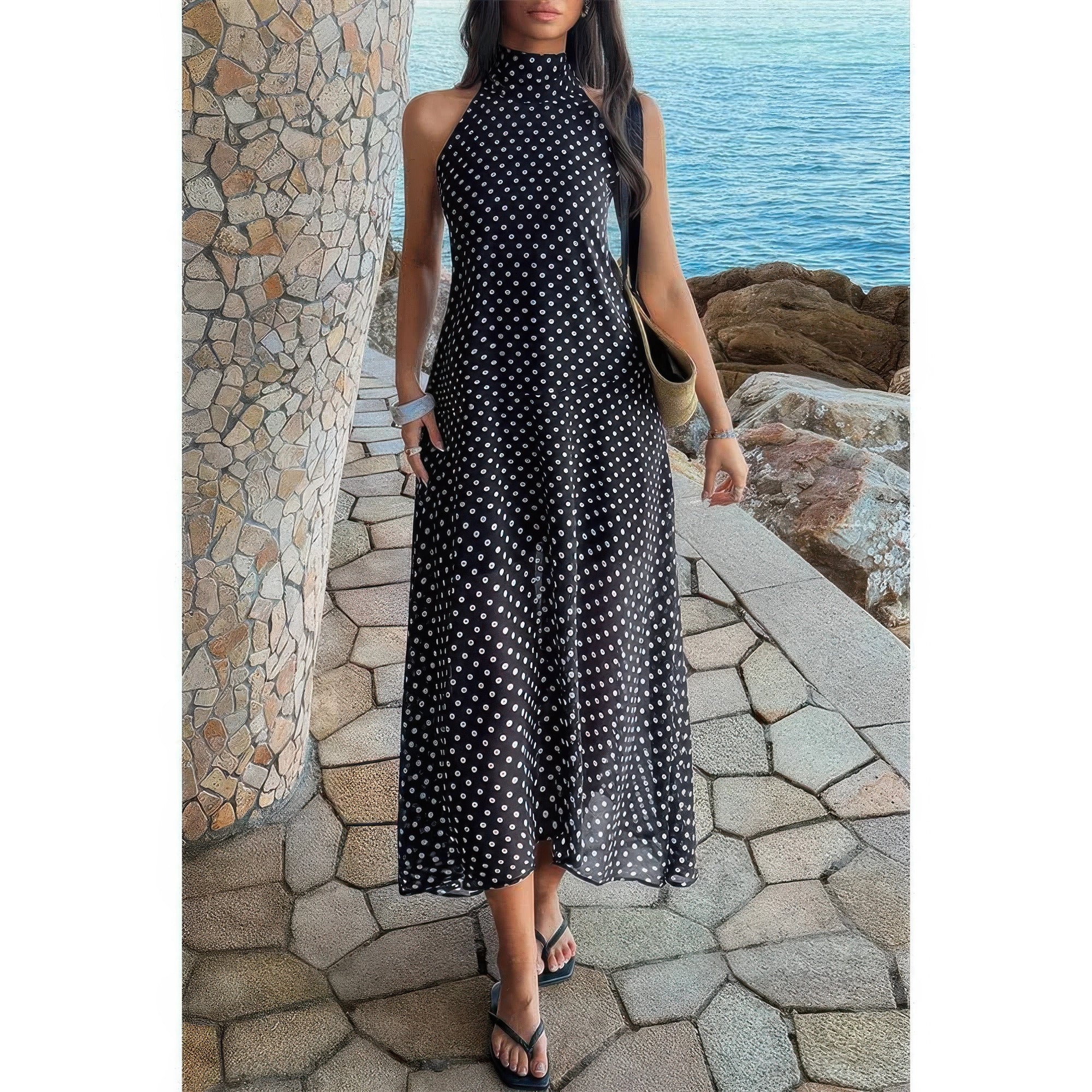 Women's black dress polka dot, lightweight fabric for summer outings