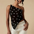 Black sheer one-shoulder top with white polka dot design
