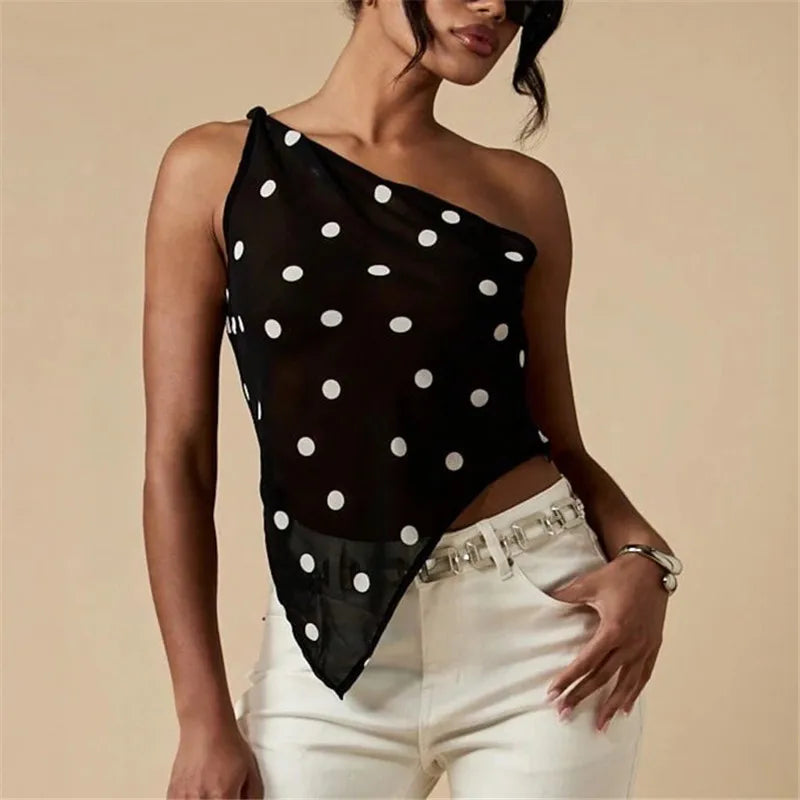 Black sheer one-shoulder top with white polka dot design