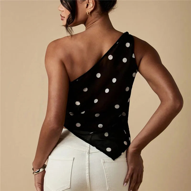 Women's black dress polka dot top, lightweight fabric for casual outings