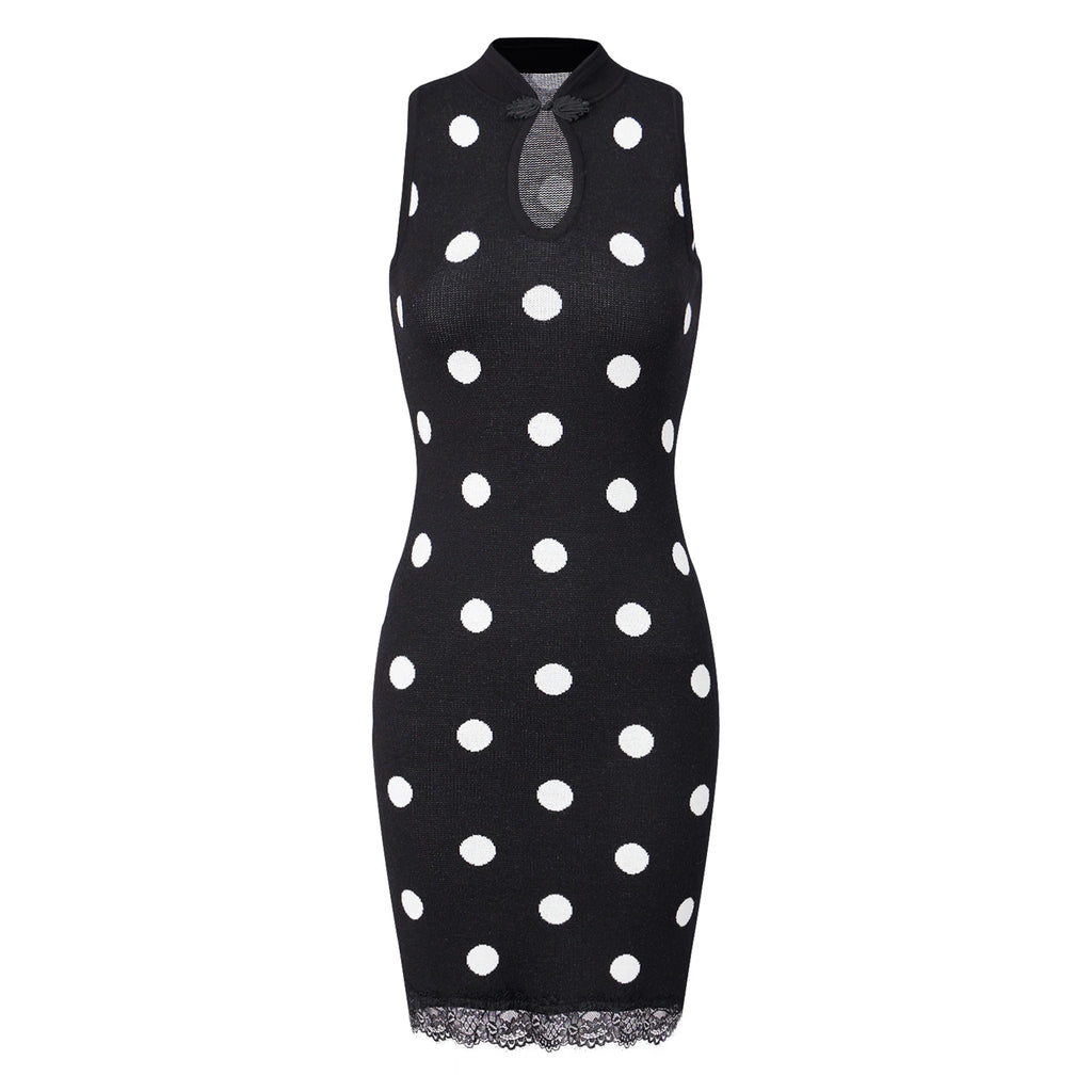 Black sleeveless dress polka dot with lace trim for summer outings