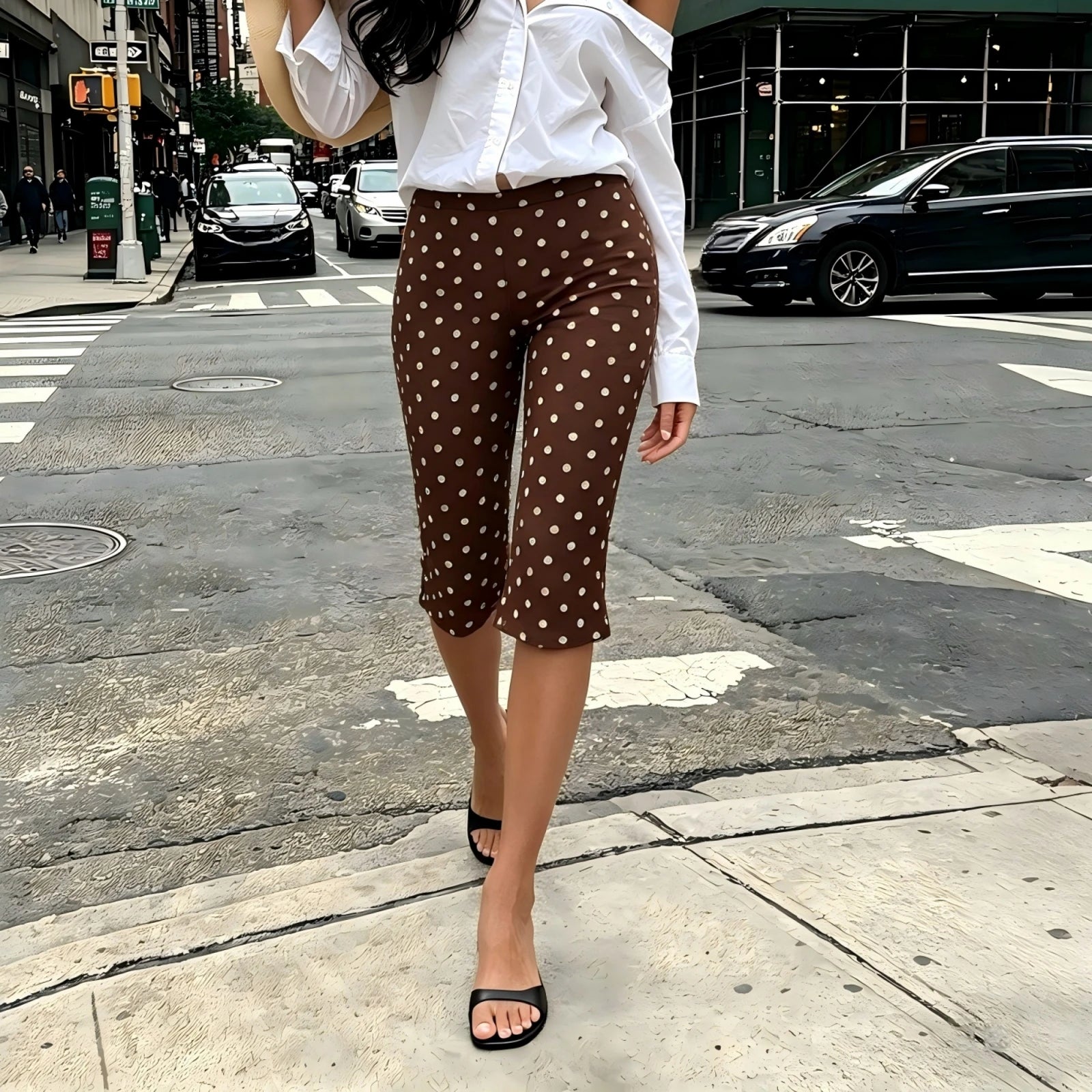 Women's brown dress polka dot cropped pants, stylish for casual outings