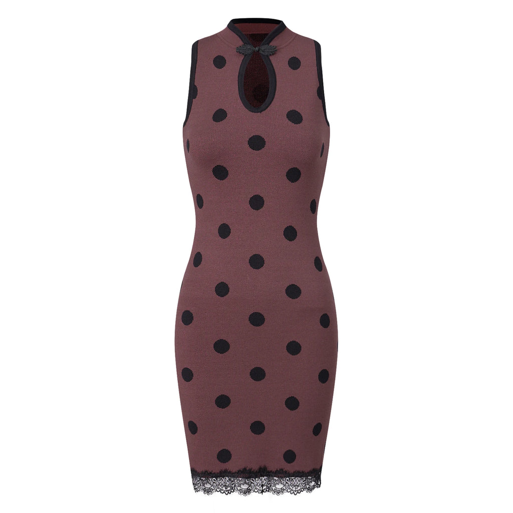 Women's maroon dress polka dot with lace trim, perfect for summer parties
