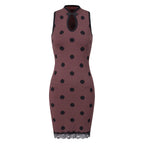 Women's maroon dress polka dot with lace trim, perfect for summer parties