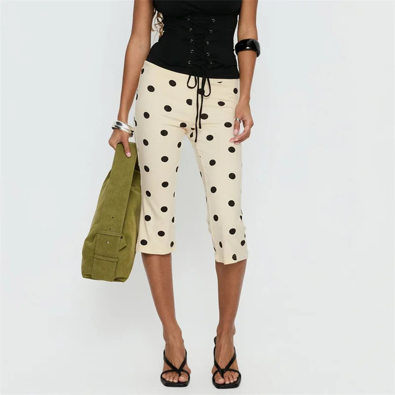 Women's polka dot trousers in beige, perfect for casual outings