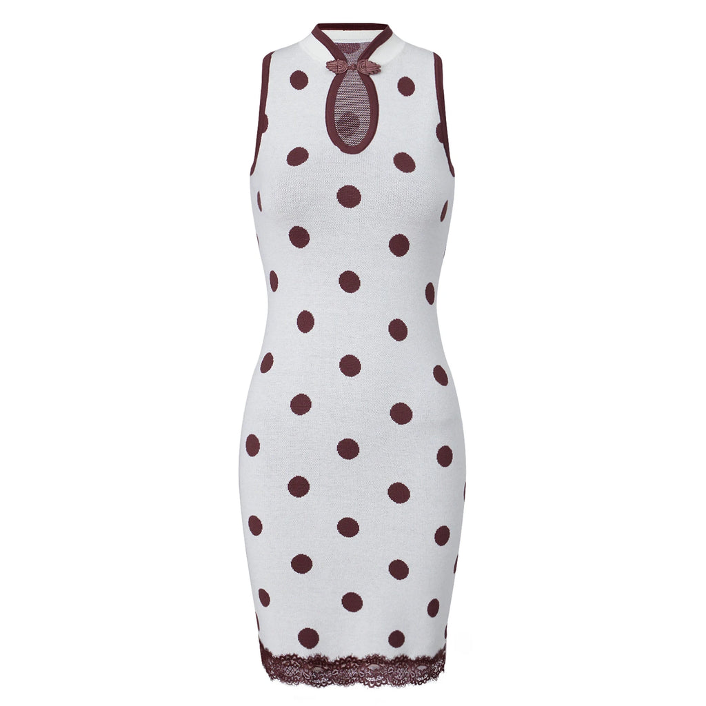 Sleeveless gray dress polka dot with lace trim, perfect for summer outings