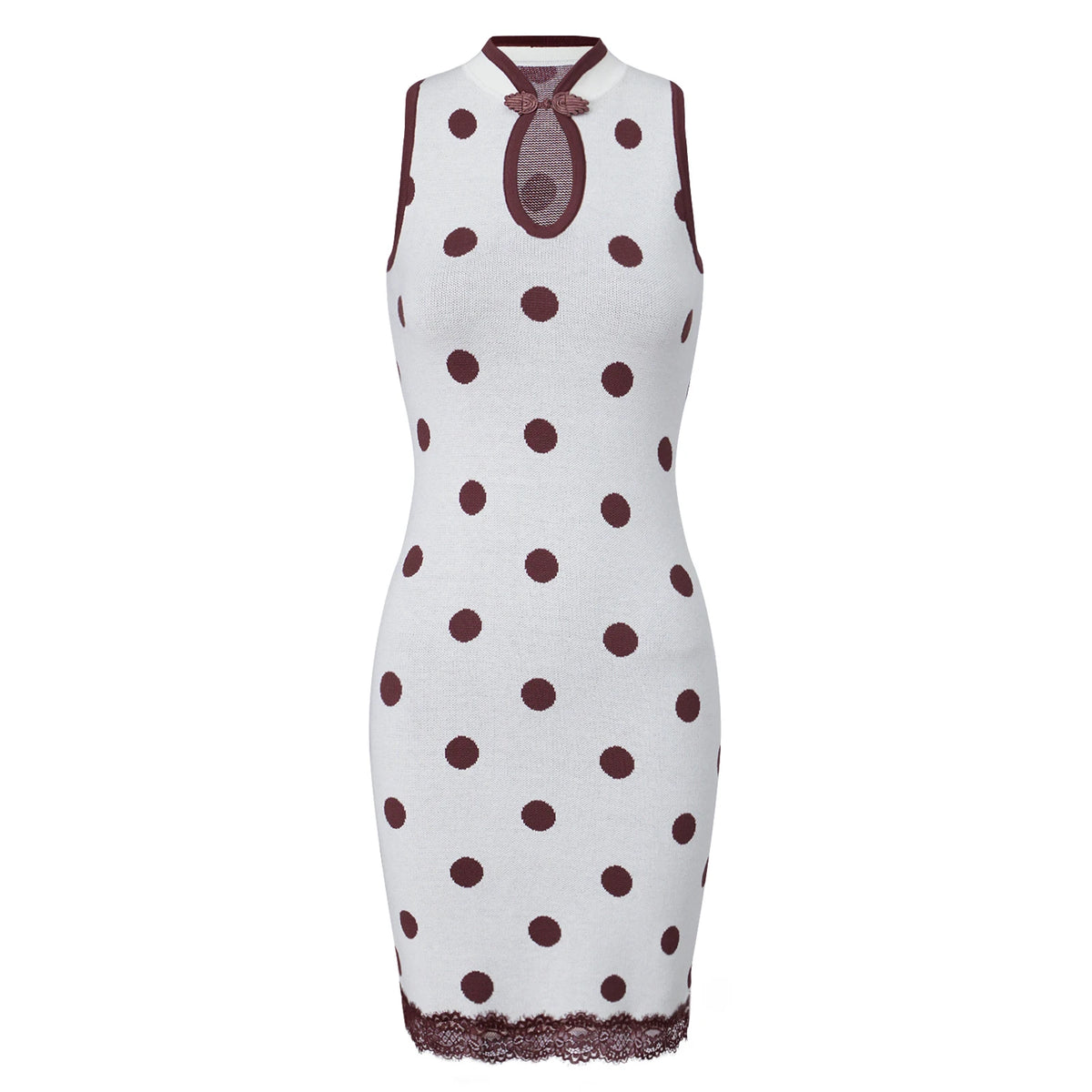 Sleeveless gray dress polka dot with lace trim, perfect for summer outings