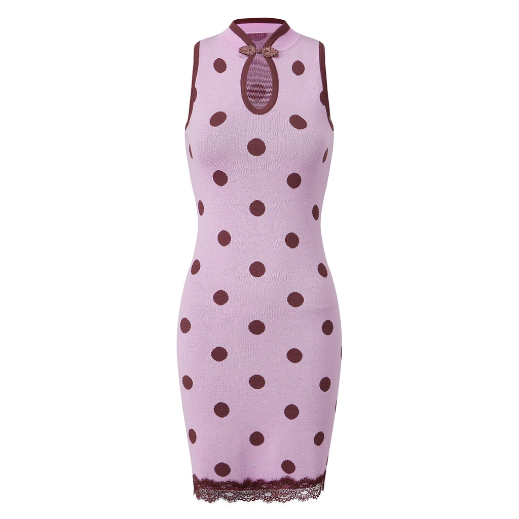 Women's pink dress polka dot, sleeveless, with lace trim for casual outings