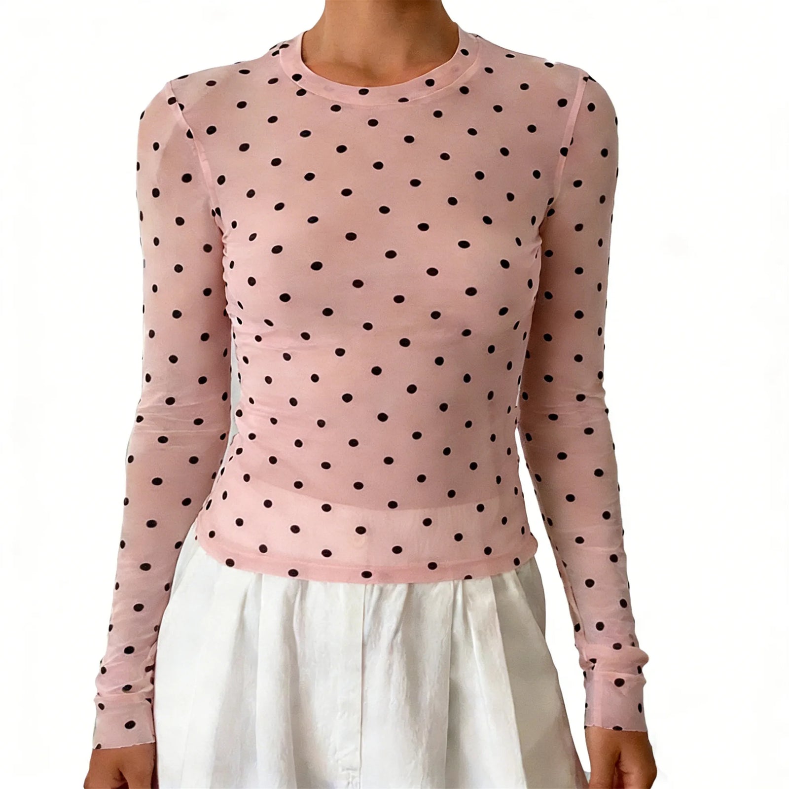 Women's long-sleeve dress polka dot top in soft pink fabric