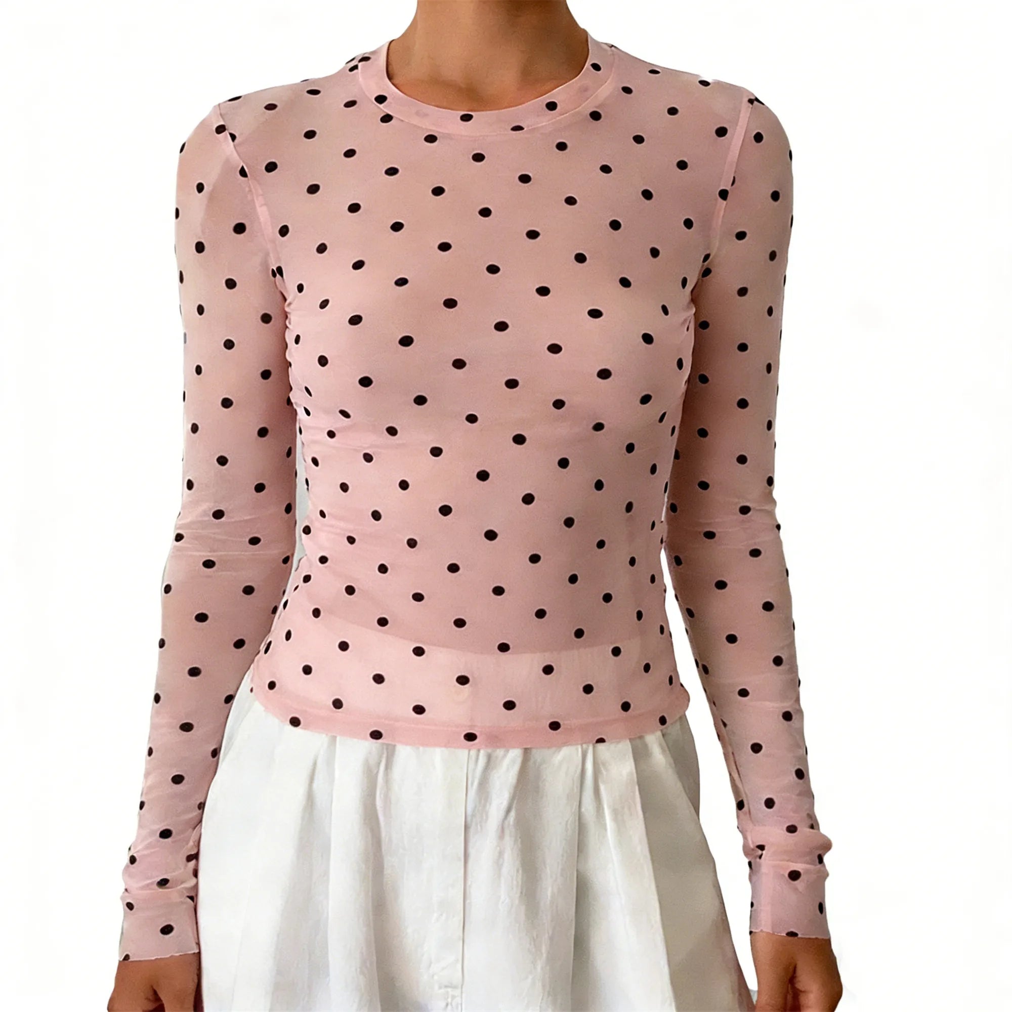 Women's long-sleeve dress polka dot top in soft pink fabric
