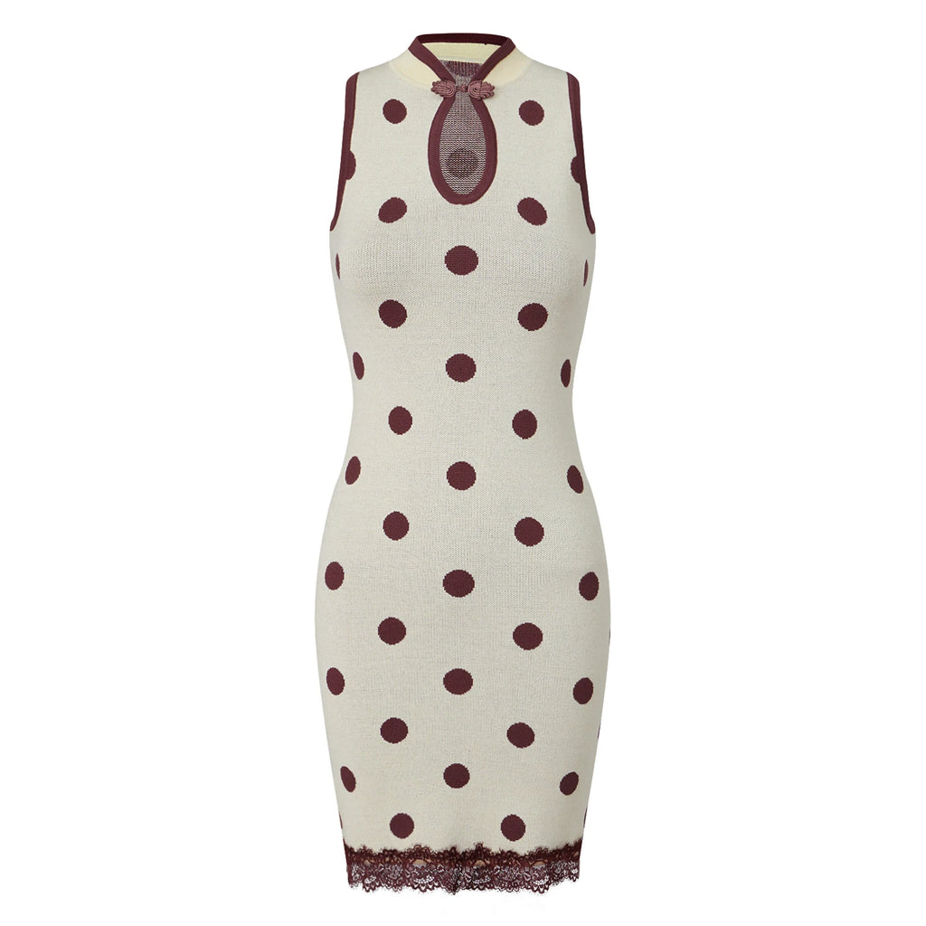 Women's cream dress polka dot with burgundy accents for summer outings