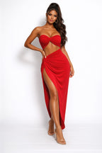 Red cut-out maxi dress for summer parties, perfect for viewing solar total eclipse