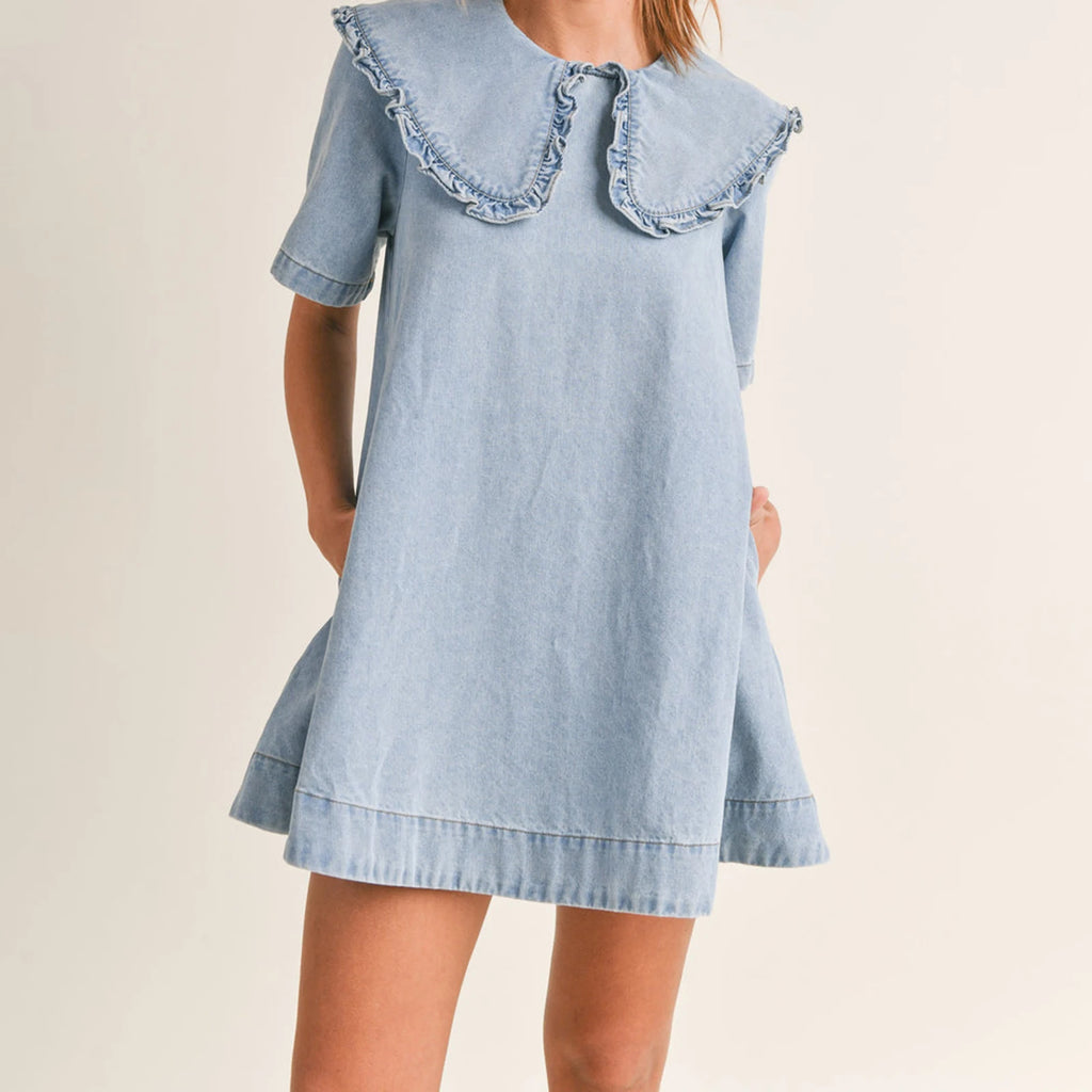 Women's light blue dress with denim, perfect for casual outings