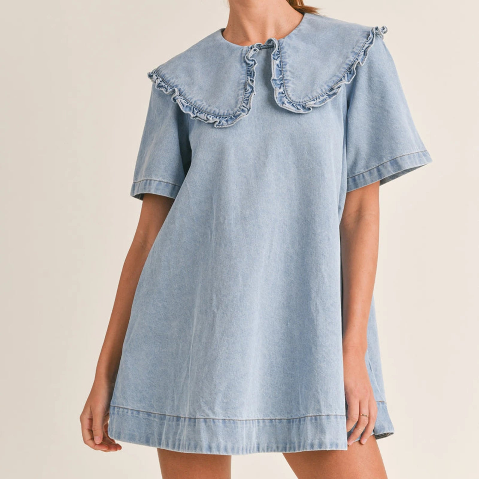 Women's light blue dress with denim, perfect for casual outings