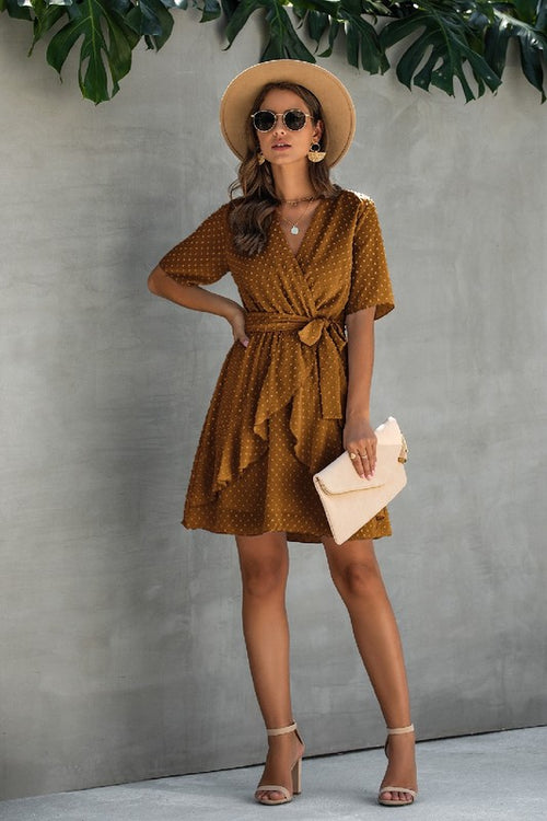Women's mustard wrap dress, lightweight material, perfect for summer outings