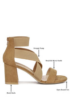 Women's tan recycled micro suede dressy strappy sandals for travel with block heels