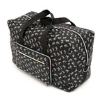 Black duffle bag with dog print, perfect for travel and overnight trips