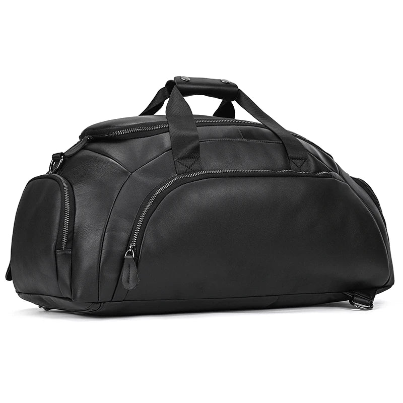 Black leather duffle bag for stylish travel or gym use