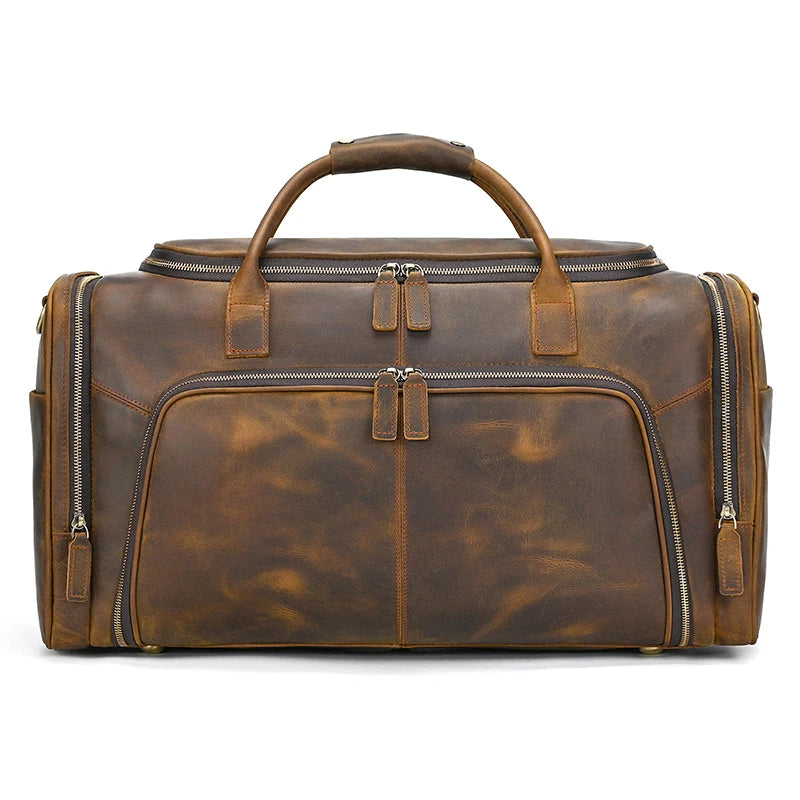 Brown leather duffle bag, perfect for travel and weekend getaways