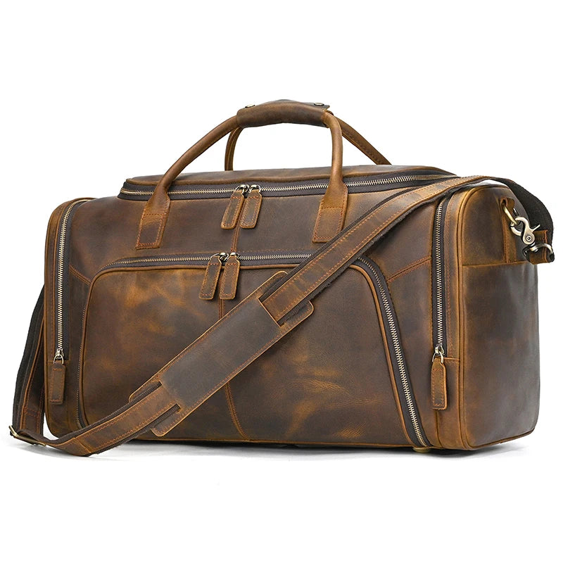 Brown leather duffle bag, durable, ideal for travel and weekend trips