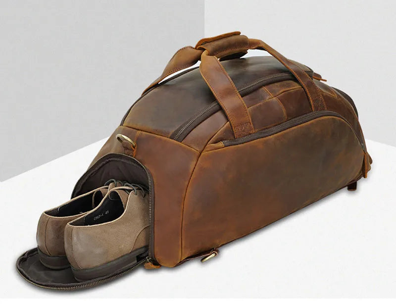 Brown leather duffle bag for travel with shoe compartment