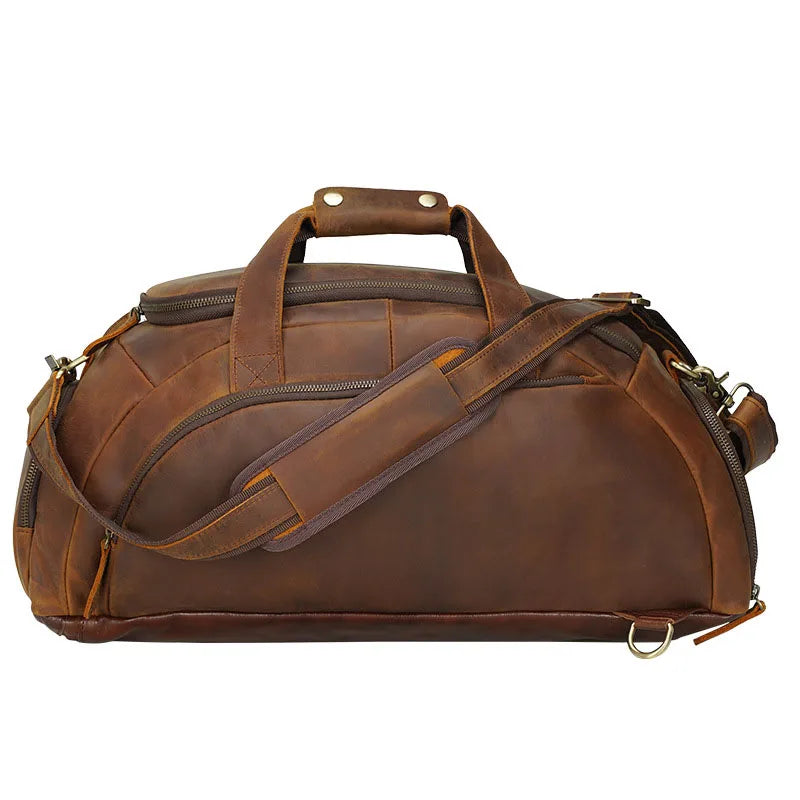 Brown leather duffle bag for travel with adjustable strap