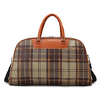 Brown plaid duffle bag with leather accents for travel and gym