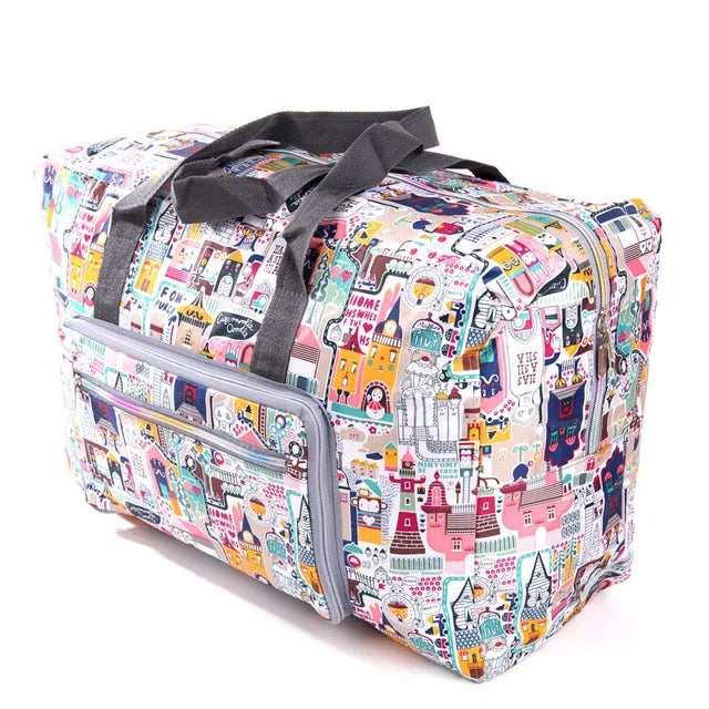 Colorful printed duffle bag, lightweight fabric, perfect for travel
